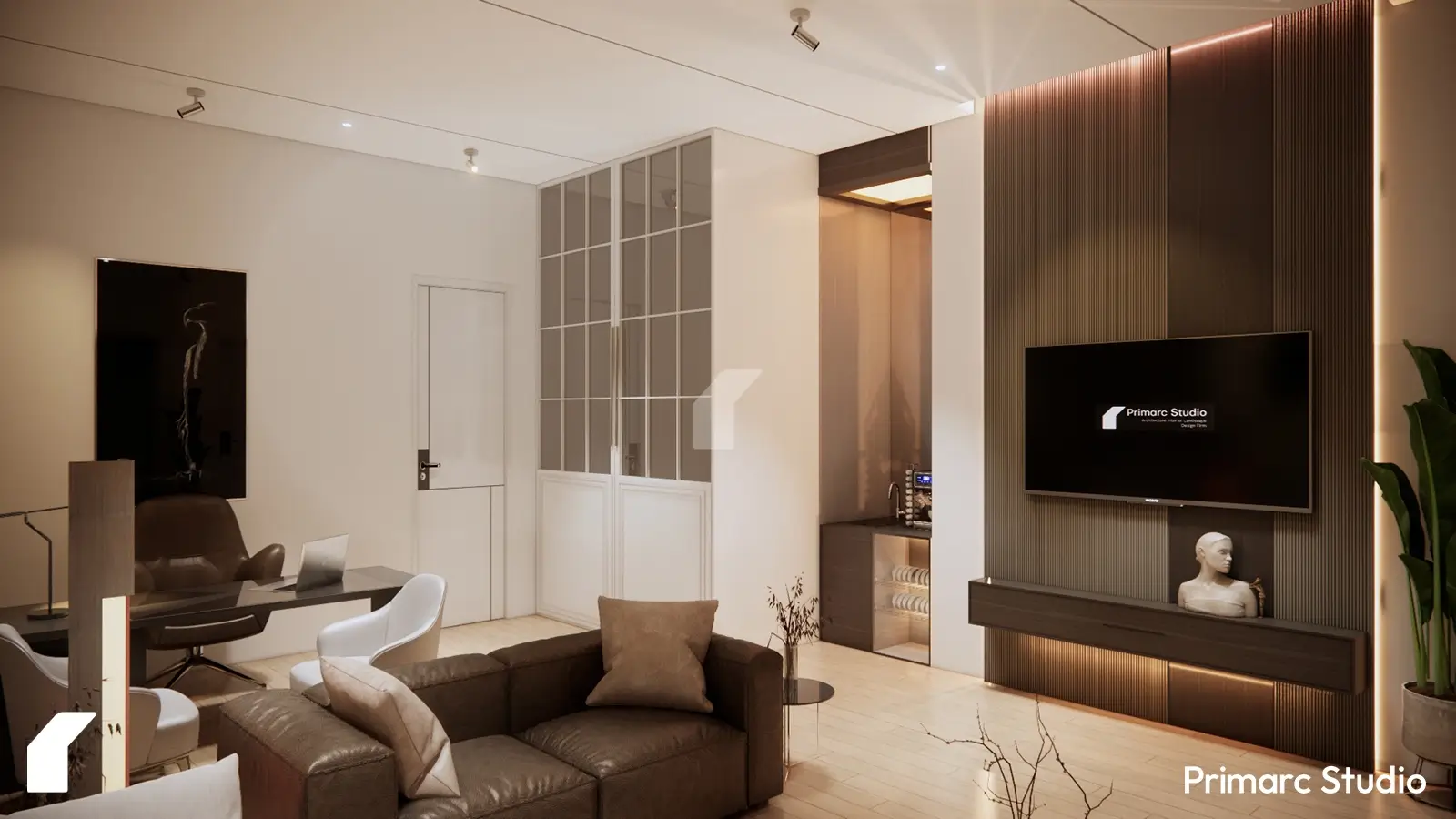 White cabinet with mirrors in the corner and coffee table with light on top and tv backlit wall