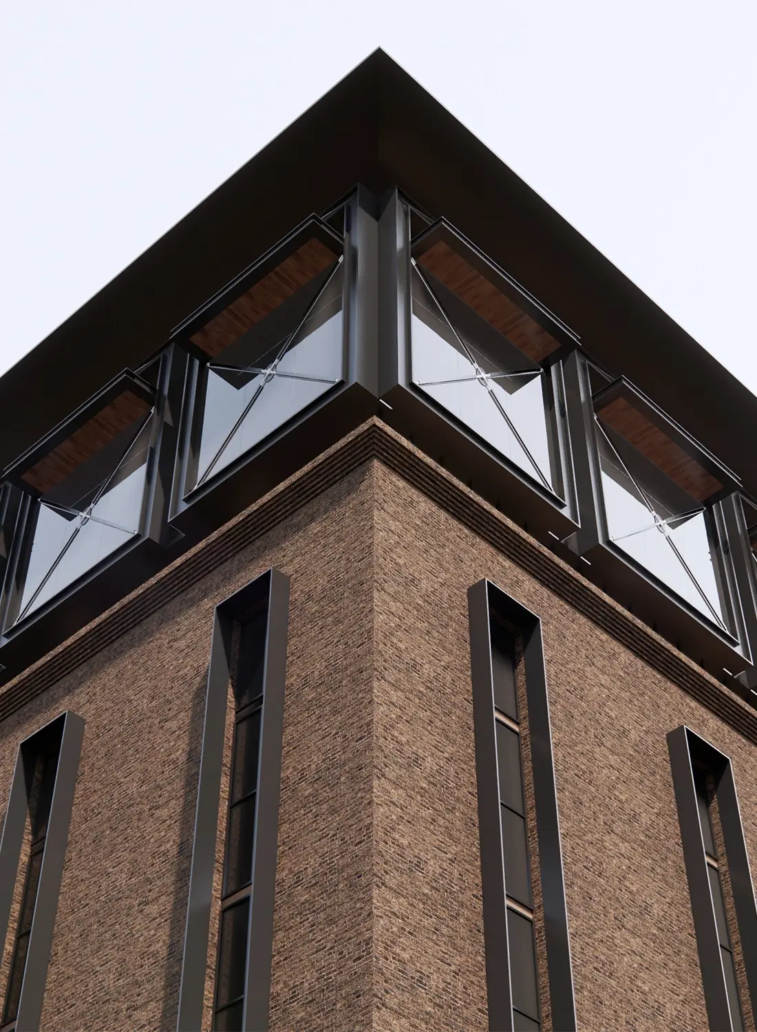 A low-angle, upward view of the corner of Jehangir Plaza, showcasing the texture of the brown brickwork contrasted with the modern black window frames and reflective glass. The image emphasizes the verticality of the narrow windows on the lower levels and the unique angled windows on the upper floor beneath the dark roofline.