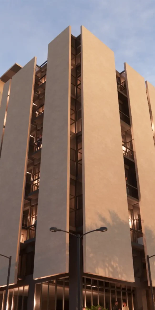 A closer view emphasizing the architectural details and material choices of the modern facade of the 5 marla commercial project in Islamabad's Gulberg Greens.