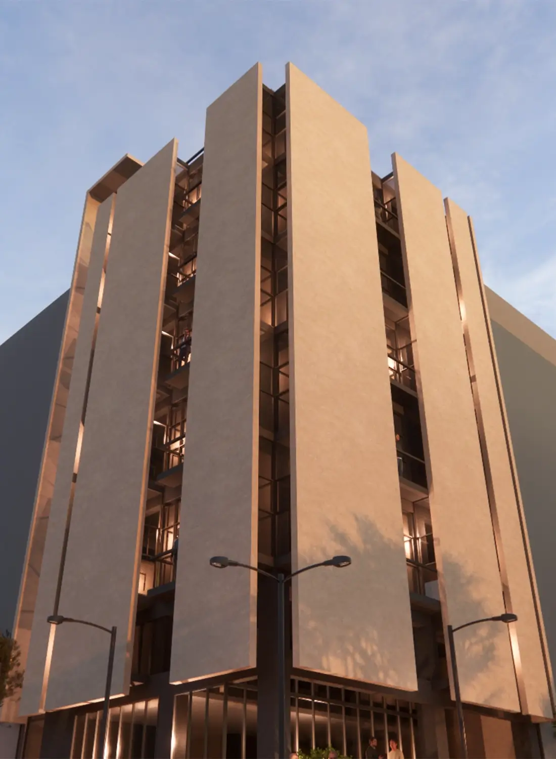 A closer view emphasizing the architectural details and material choices of the modern facade of the 5 marla commercial project in Islamabad's Gulberg Greens.