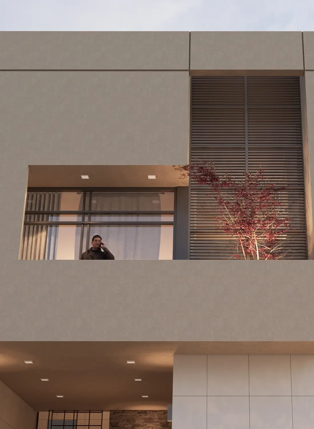Close-up view of the balcony area of the Adeel House in Quetta, illustrating a detail of the contemporary house design. This image highlights the architectural elements and the integration of small green spaces, a feature often appreciated in modern homes designed by architecture firms in Quetta.