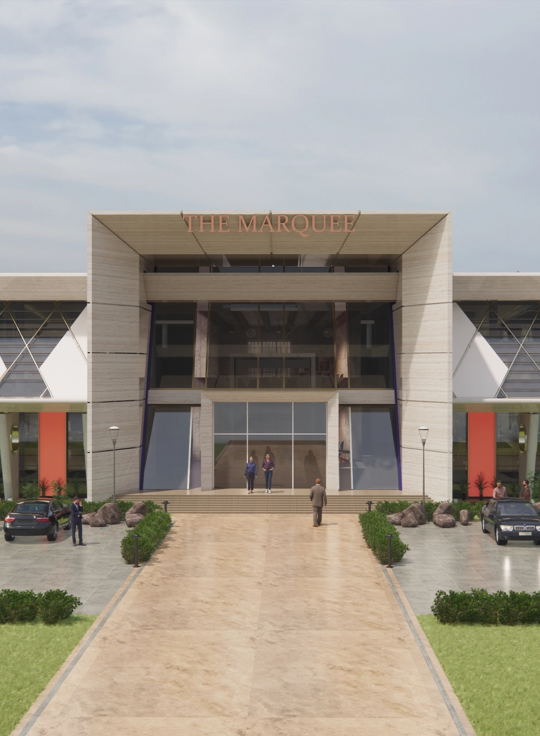 A wide shot of the impressive entrance to "The Marquee" in Islamabad, featuring a spacious driveway, modern architectural elements, and landscaping.