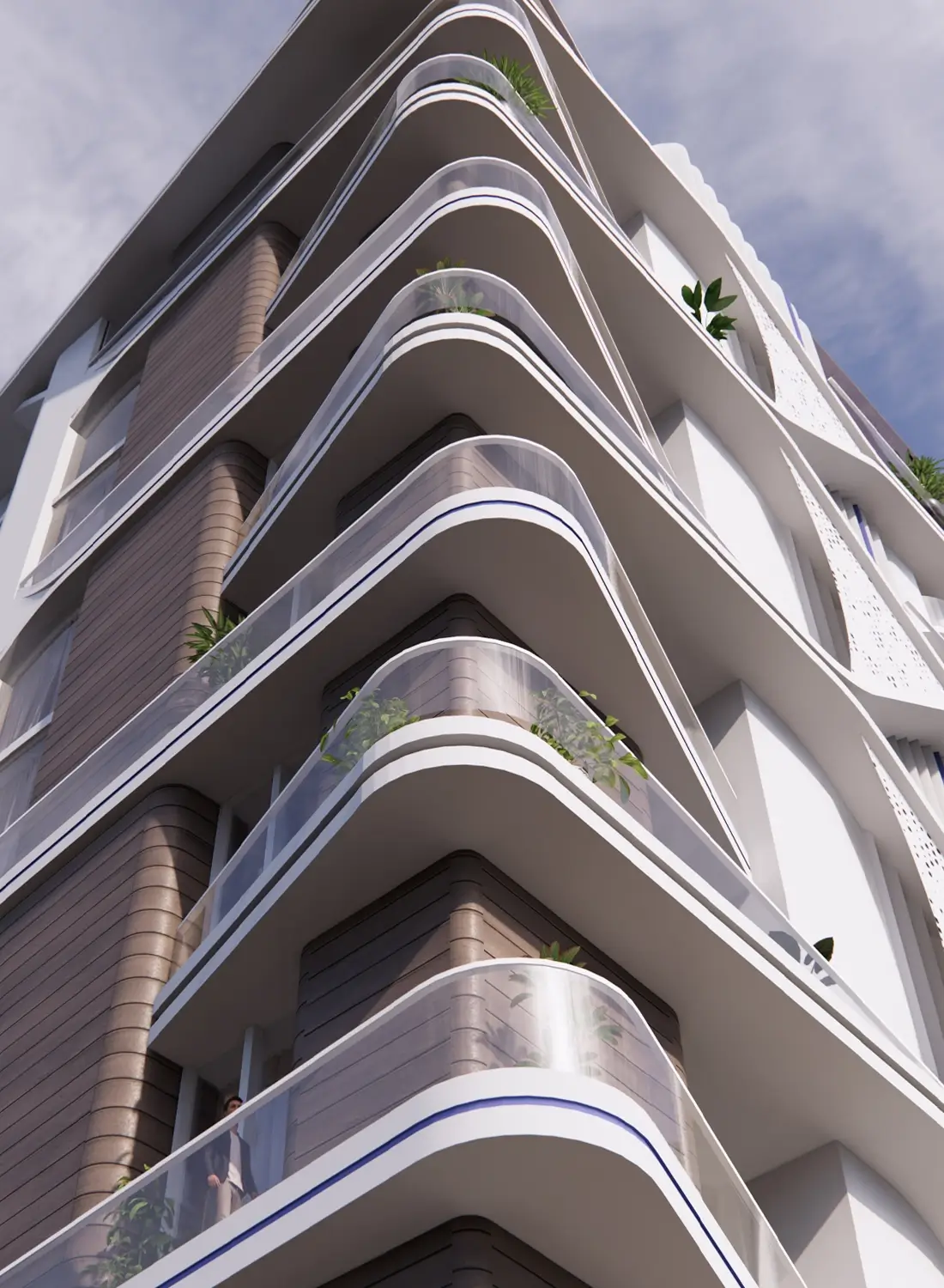 A low-angle rendering emphasizing the contemporary balcony design of the M1 Residence. The image showcases the curved white balconies with glass railings and subtle blue accents. Brown cladding is visible between the balconies, and small plants adorn some of the outdoor spaces. The upward perspective highlights the building's height and the clean lines of its modern architecture against a partly cloudy sky in Islamabad.