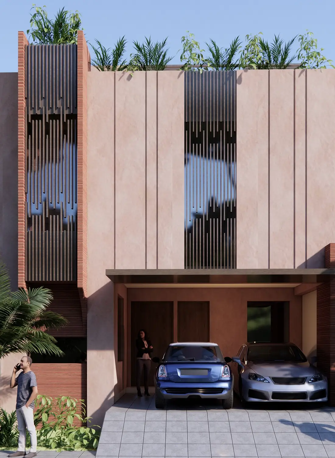 Exterior of a 5 marla residential building designed by Primarc Studio in Faisal Margalla City, showcasing the entrance and parking area.
