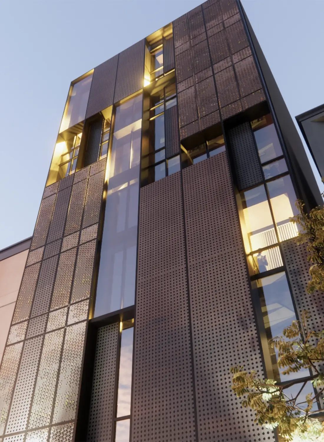 Detailed view of a modern commercial building facade in Civic Center Gulberg Greens, showcasing the use of glass and perforated metal screens for energy efficiency and sun mitigation. This architectural design exemplifies functional commercial space layout with a focus on aesthetic appeal.