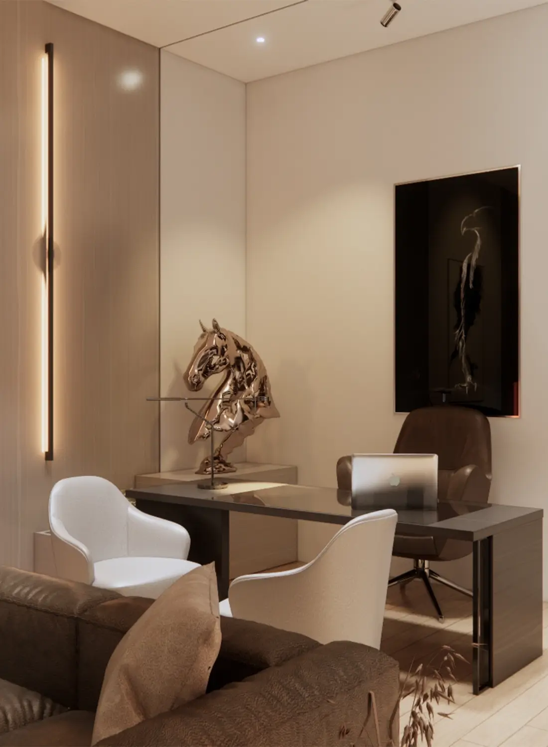 Sleek executive desk with modern chairs and decor in a contemporary home office setting in Rawalpindi.