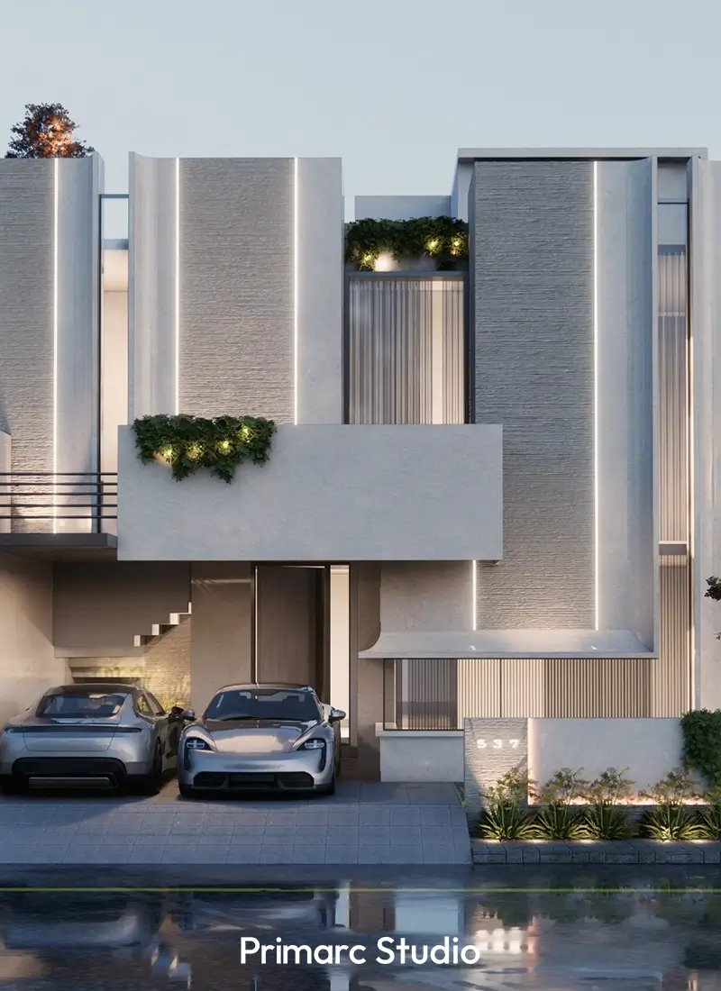 Close-up of a modern 10 marla house's front exterior in Islamabad, highlighting the architectural details and the use of varied materials. Two cars are parked in the paved driveway leading to the house. The design emphasizes clean lines and incorporates a mix of light and dark textured surfaces, with greenery on the balconies. This 10 marla house showcases a contemporary design approach.