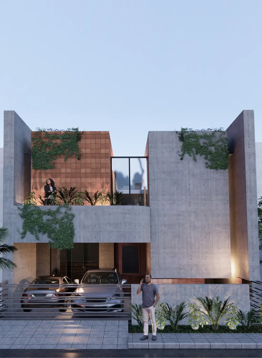 Modern Exterior design of a newly constructed house project in Gulberg Residencia, Islamabad. Designed by Primarc Studio, this approximately 30x60 residence highlights the unique interplay of exposed concrete, terracotta tiles, and natural vegetation, creating a modern living space.