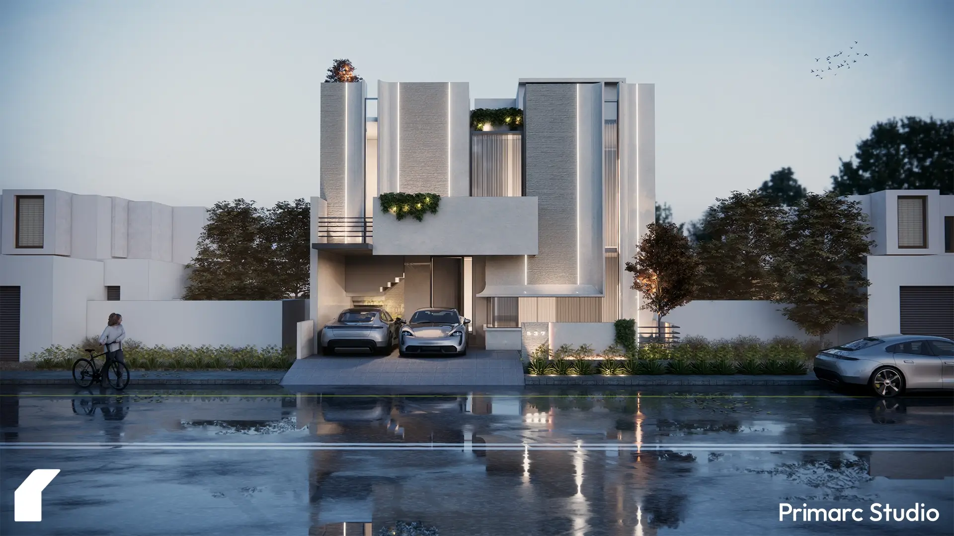 Front exterior view of a contemporary two-story house with a flat roof, designed for a 10 marla plot in B-17 Islamabad. Two cars are parked in the driveway, and a person with a bicycle is visible on the sidewalk. The house features a combination of textured and smooth facade elements, with greenery on balconies.