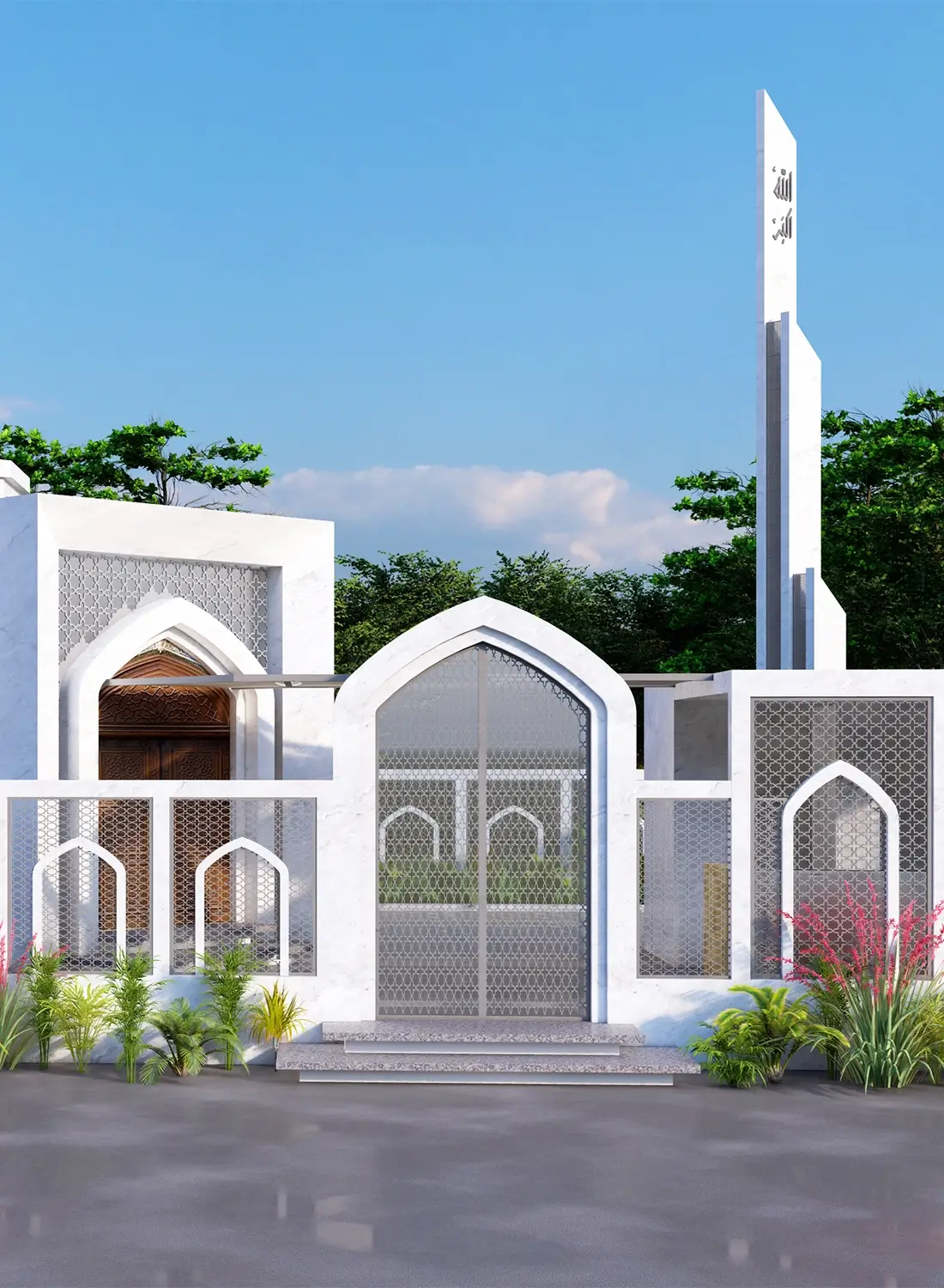 main entrance facade of a modern mosque near Gujrat, Pakistan, designed by Primarc Studio. Features a central gate, decorative latticed walls, and a tall, slender minaret with "Allahu Akbar" inscription. This modern mosque architecture showcases clean lines and a bright white aesthetic.