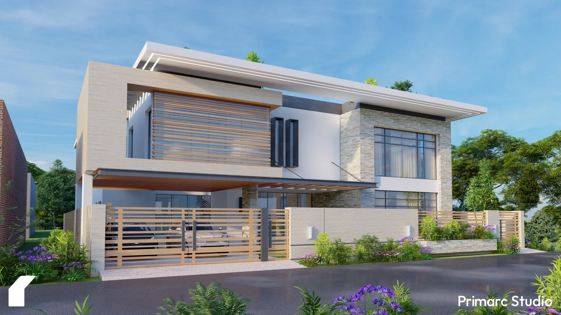 Rendering of a 1 Kanal modern house design featuring an open layout that seamlessly integrates indoor and outdoor living spaces. The residential architecture in Swat showcases a blend of materials and clean lines. This view highlights the design elements that aim to create a bright sanctuary with ample natural light. The corner house design incorporates features that promote a connection with the surroundings, exemplifying architectural brilliance in creating spacious homes.