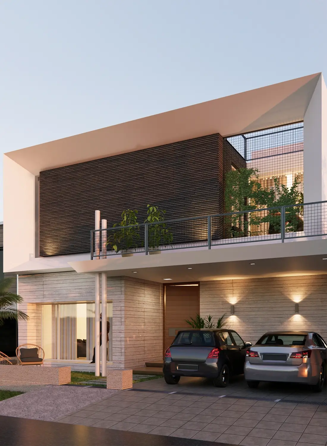 Exterior view of a 14 Marla contemporary residential architecture project in Capital Enclave, Islamabad, featuring a minimalist facade with stone cladding and large windows, showcasing the modern house exterior design.