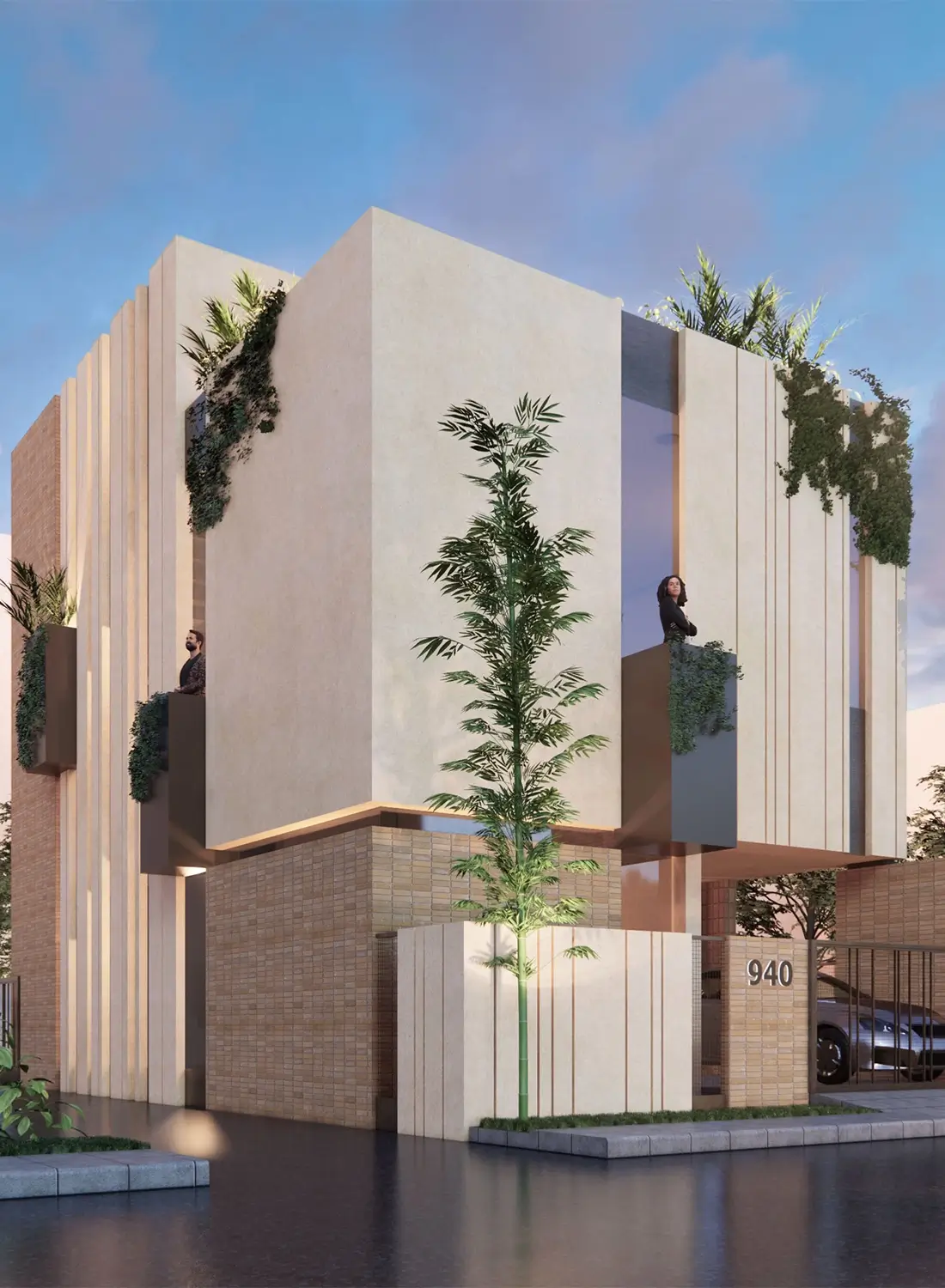 Modern 5 Marla short corner house in Faisal Margalla City, Rawalpindi by Primarc Studio. Exterior view showcasing the contemporary facade, corner plot design, and integration of landscape design with vertical greenery and unique architectural elements.