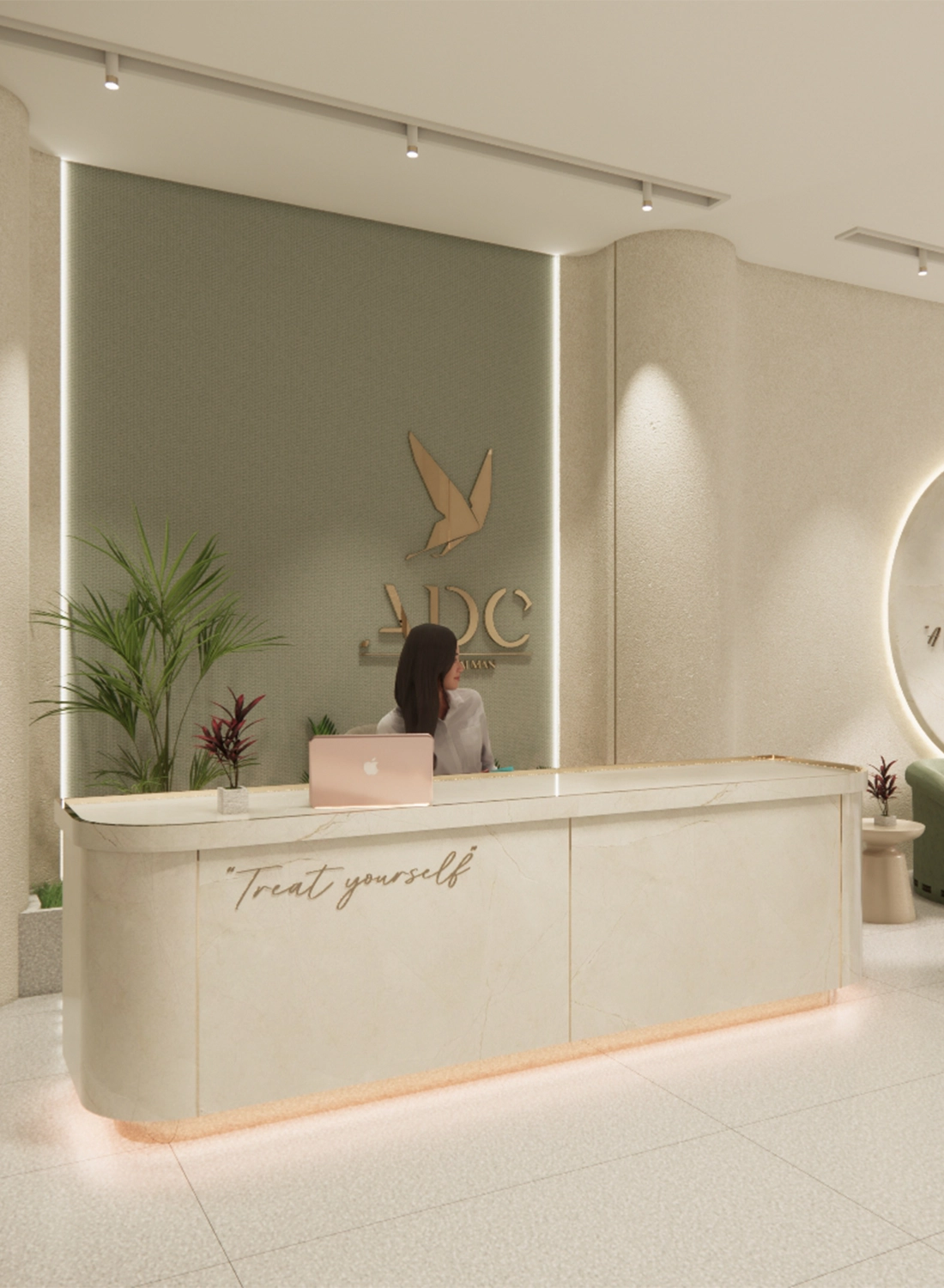 Modern and luxurious reception area interior design for an aesthetic clinic in DHA Phase 1, Islamabad, featuring a stylish desk, subtle lighting, and elegant branding. (Incorporates: aesthetic clinic interior design, DHA Phase 1 Islamabad, modern clinic interior design, luxury aesthetic clinic design)
