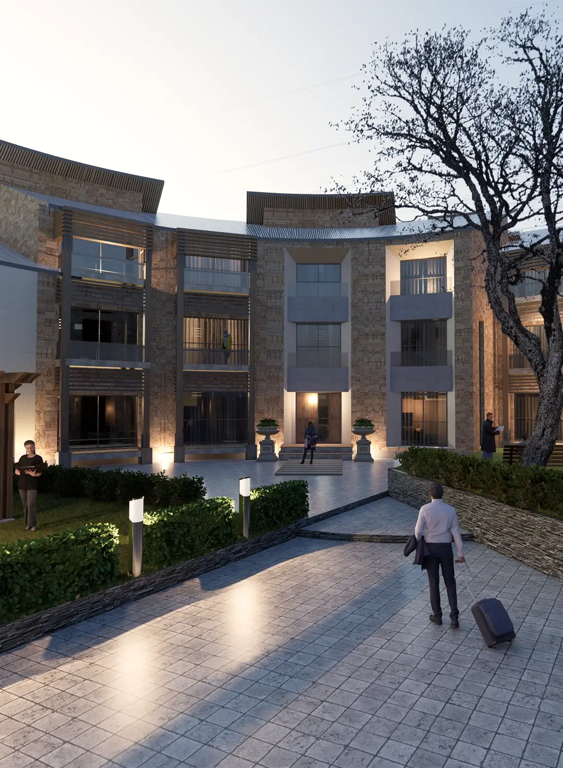 Exterior view of a multi-story modern hotel building designed for Kalam, featuring a facade clad in natural stone and grey panels, with balconies and large windows. A landscaped pathway with lighting leads to the main entrance, and people are shown entering or around the building. A large tree is visible on the right.