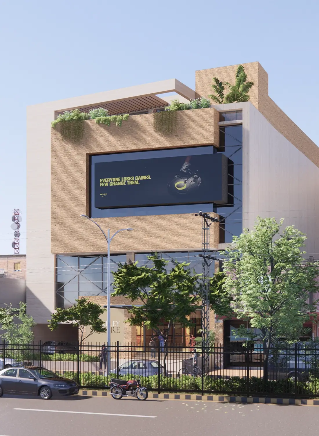 Close-up architectural rendering of Berkeley Square mixed-use development façade in Rawalpindi, showcasing brickwork and a large digital display. This image highlights the commercial retail space design and the building's practical façade elements.