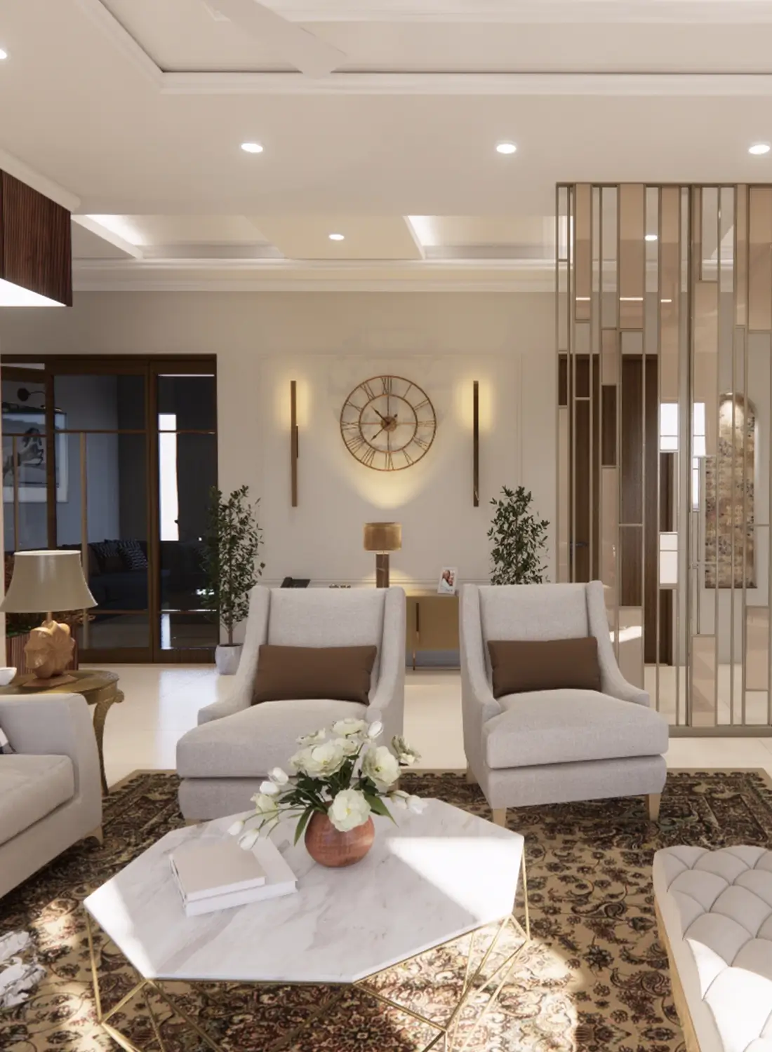 Luxurious classical living room interior designed by Primarc Studio for a residence in Naval Anchorage, Islamabad. This residential interior design project in the CDA approved society reflects a lavish lifestyle with elegant classical elements. Primarc Studio, an interior designer in Islamabad, completed this high-end interior design in Naval Anchorage.