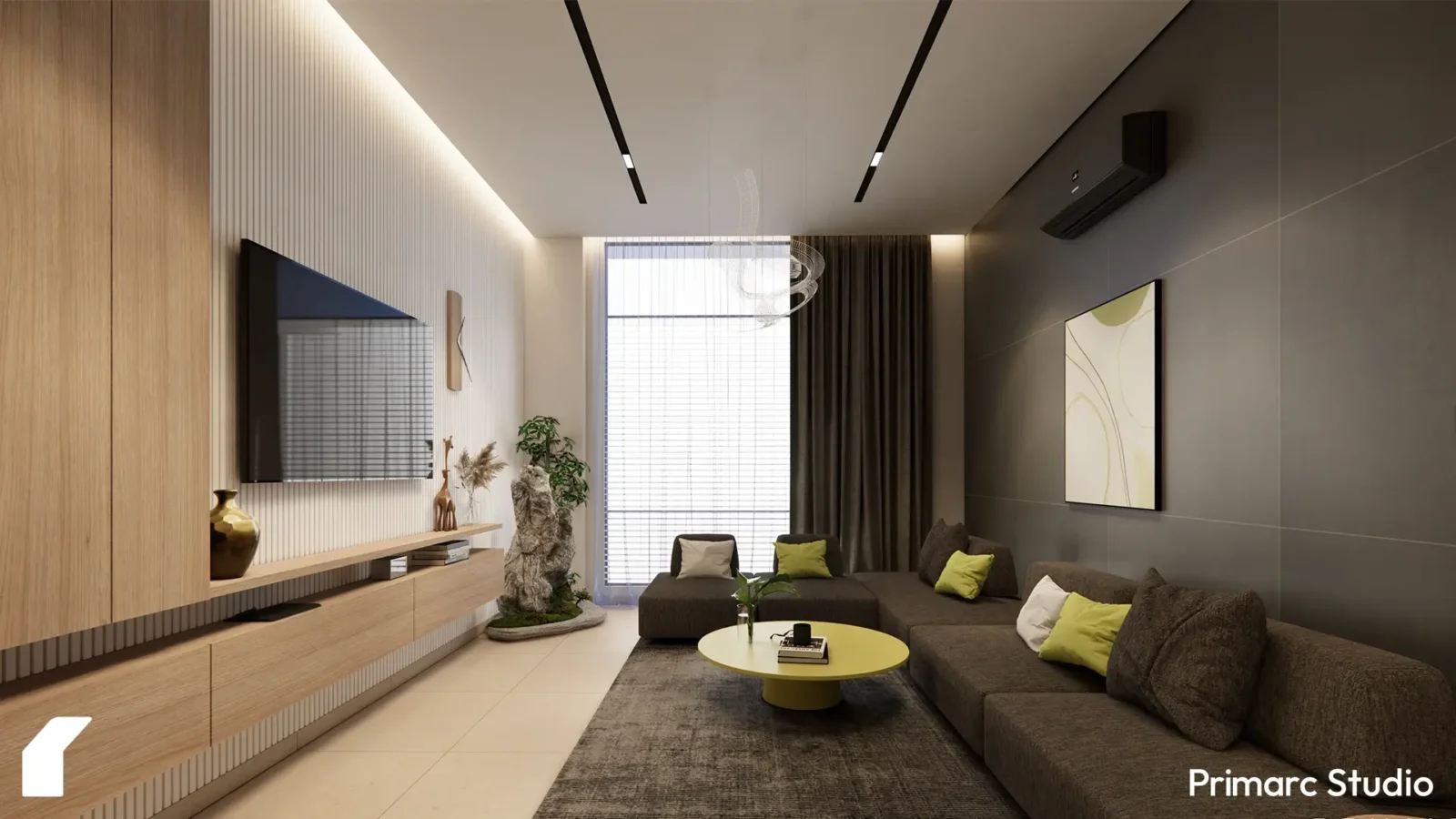 A comprehensive view of the living space interior design in a Skypark Apartments apartment in Gulberg Greens, Islamabad. The image shows the seating area with a large sofa and coffee table alongside the TV wall with integrated cabinetry and decorative elements, representing the full apartment interior design project in Islamabad.