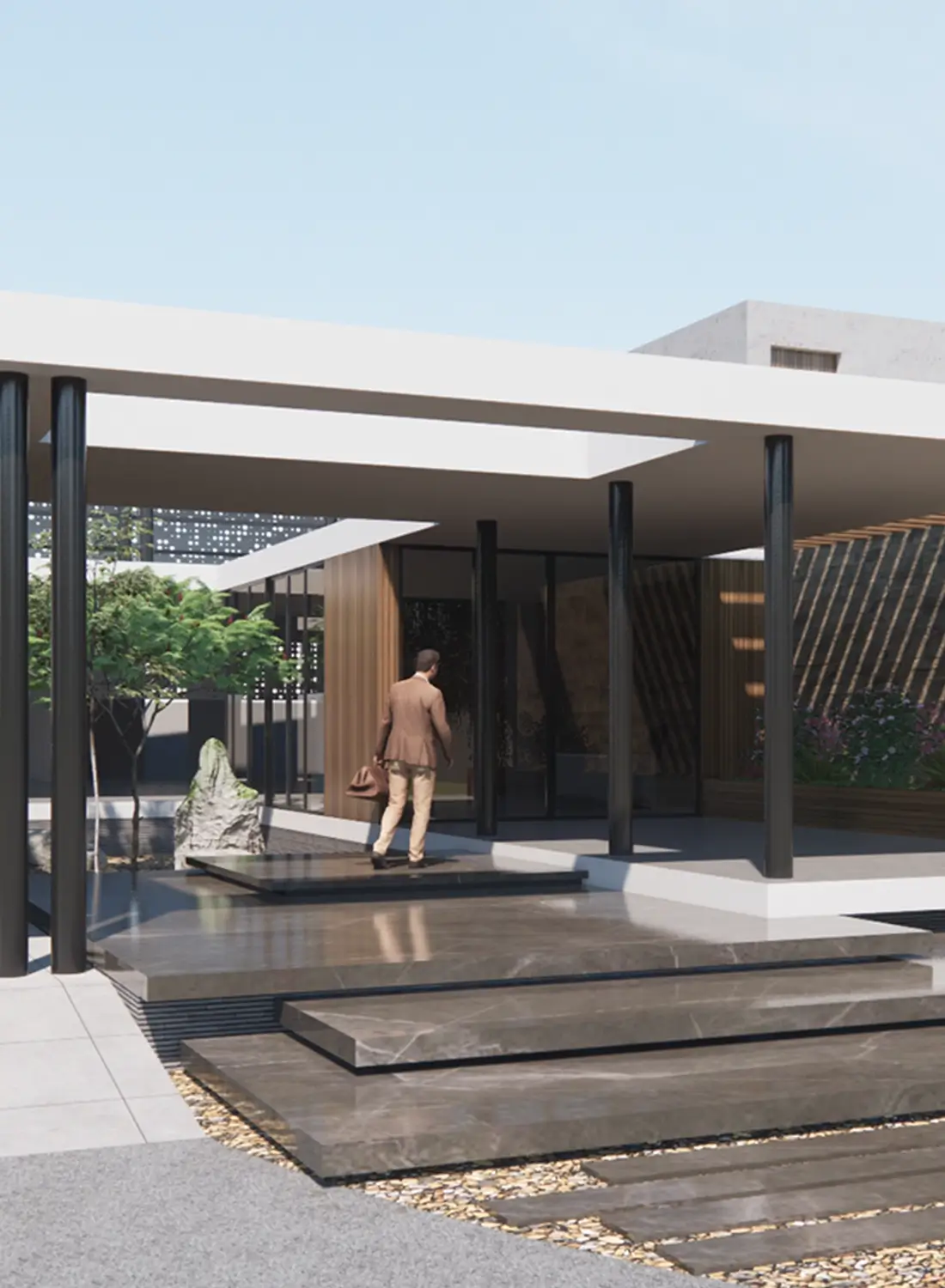 Architectural rendering of the modern entrance to the Shaigan pharmaceutical head office in Rawalpindi, highlighting the contemporary design, steps, and integration with the landscape and central courtyard element, part of the CEO and VIP office project.