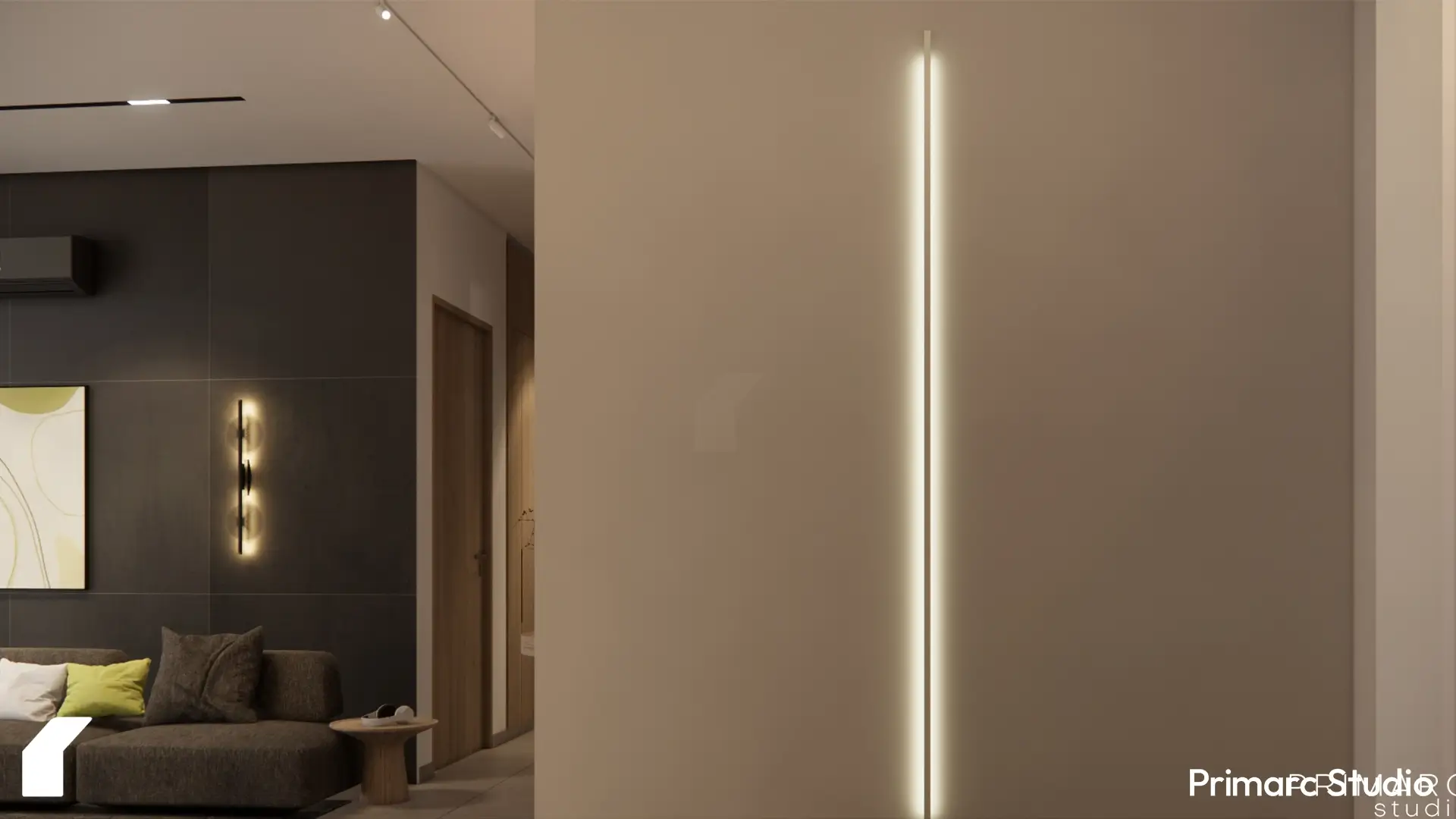 View of a contemporary apartment interior design in Skypark Apartments, Gulberg Greens, Islamabad. Shows sleek wall paneling, modern linear lighting, part of the living area, and a doorway, highlighting residential interior design services available in Islamabad.