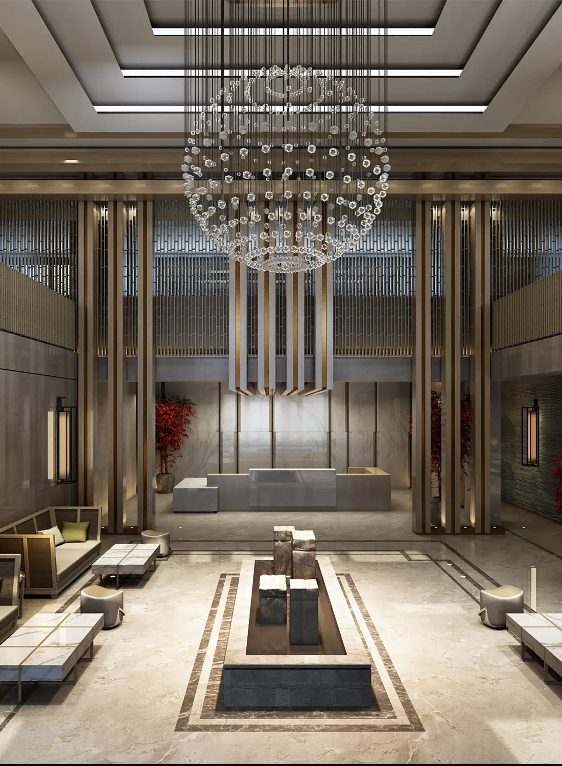 A wide view of the luxurious main lobby interior design for Dreamland Hotel on Club Road, Islamabad, featuring the reception desk, a central water feature, seating areas, and a large decorative chandelier.
