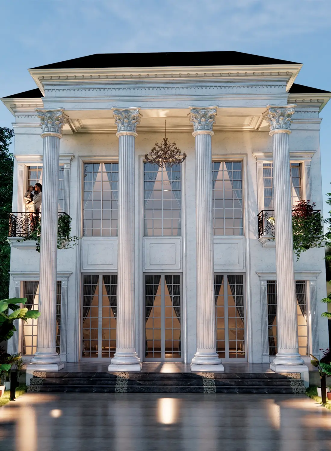 Front view of a classical rest house in Gujrat by Primarc Studio, featuring four prominent columns and a white finish.