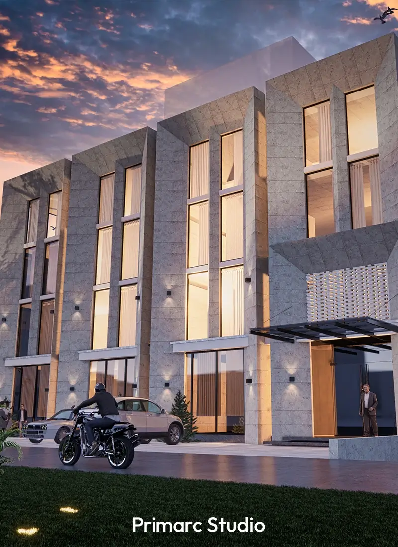 Closer view of the entrance and facade of Gerry's new office building, a prime example of contemporary architectural design in Islamabad. This commercial real estate offers potential tenants modern office spaces with ample parking solutions on Park Road.