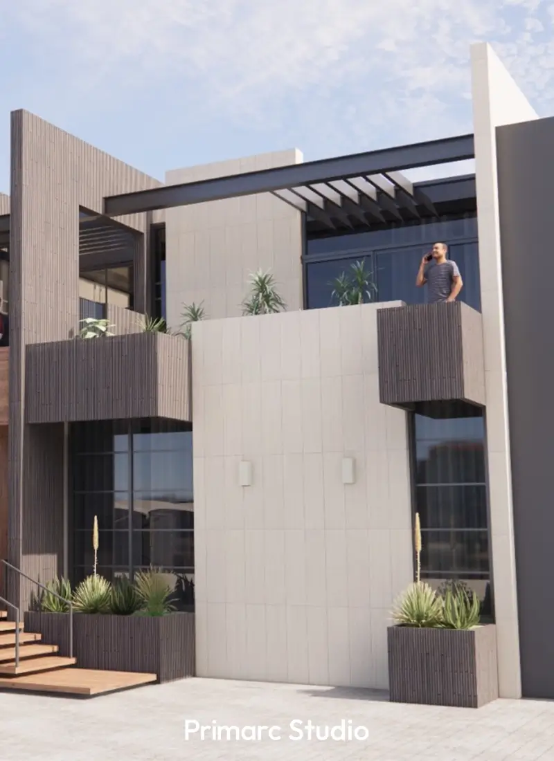 Architectural rendering showcasing a detailed section of the renovated house facade in Golra Sharif, Rawalpindi. The image focuses on the modern design elements including tile and stone cladding, a balcony area with railing, and vertical wood-like accents. This view is part of the Luxury Residential Renovation and First Floor Addition project by Primarc Studio, demonstrating the Facade Renovation and House Design in the Twin Cities of Islamabad Rawalpindi.
