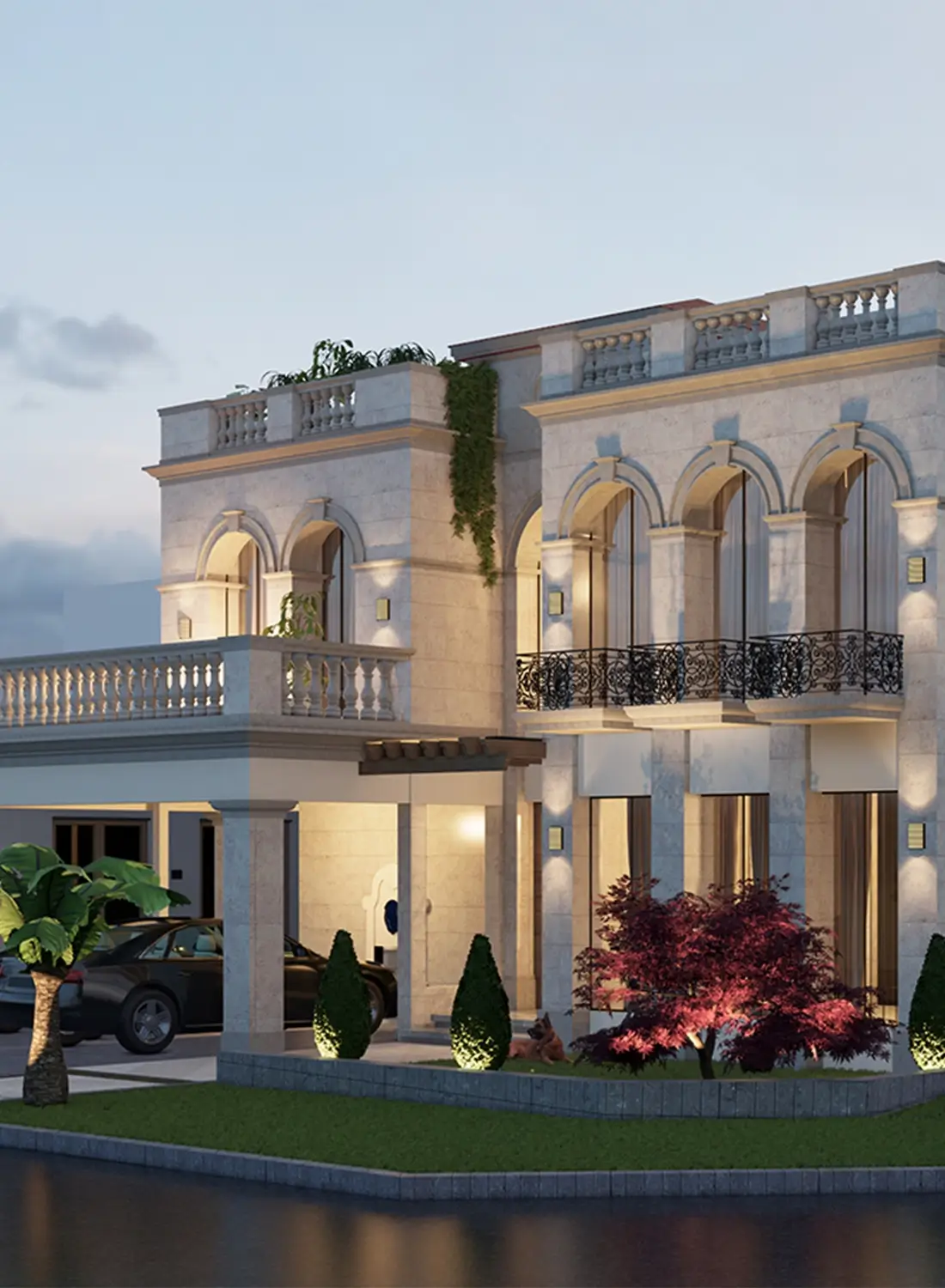 Exterior view of a luxury classical corner house in DHA Phase II, Islamabad. This residential architecture design by Primarc Studio features a detailed classical facade, covered parking for two vehicles on the corner plot, and elegant landscaping, showcasing high-quality house design in Islamabad.
