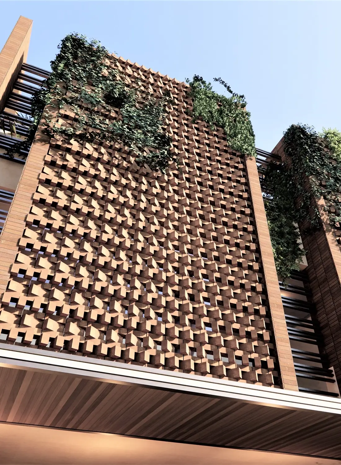 Close-up view of the intricate and experimental brickwork on the exterior facade of House 921, a modern residential architecture project by Primarc Studio in Faisal Margalla City, Islamabad, showcasing dynamic textures and patterns.