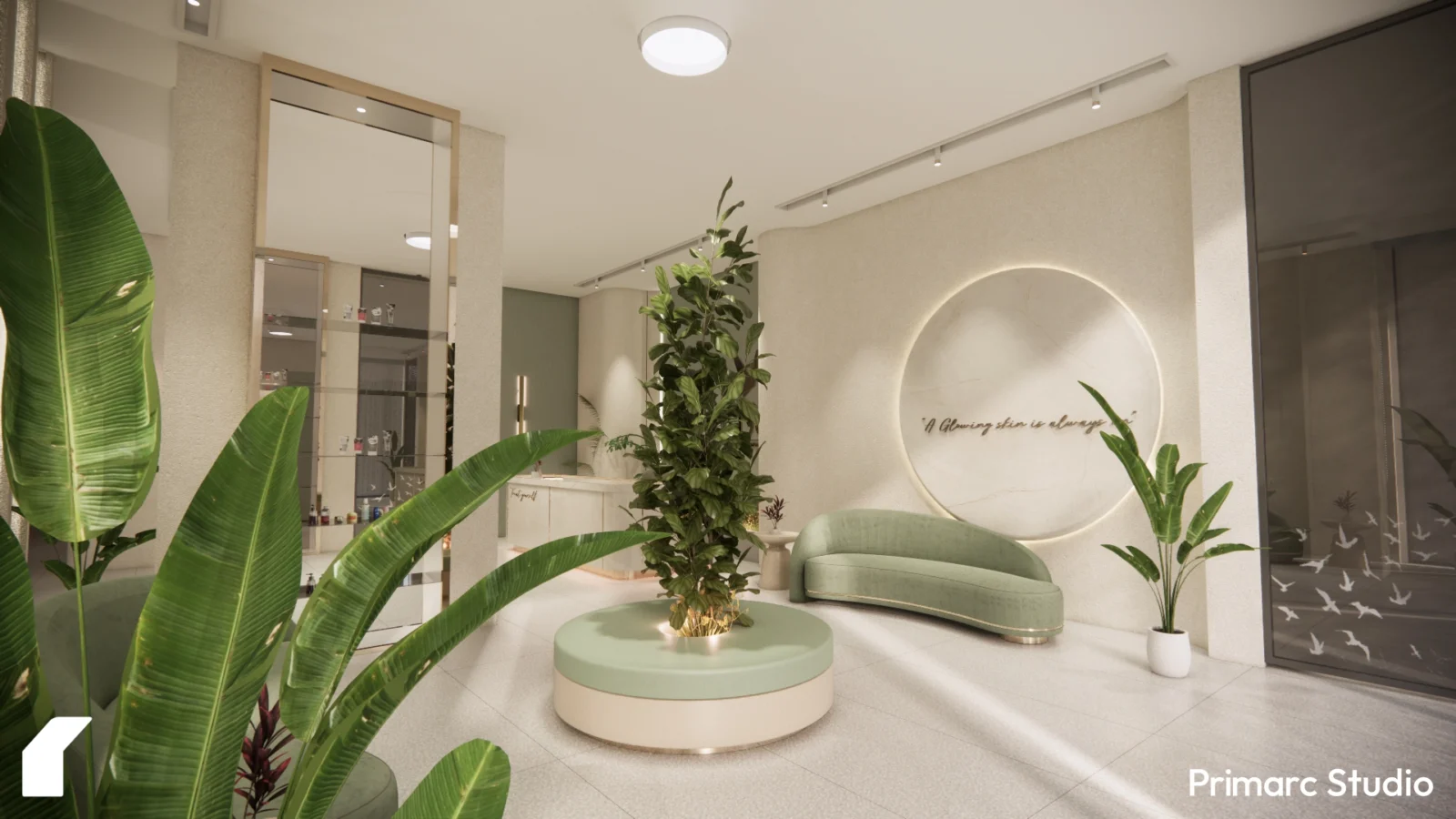 Common area interior design for an aesthetic clinic in DHA Phase 1, Islamabad, highlighting the use of plants, modern seating, and a unique circular wall feature to create a calming atmosphere. (Incorporates: interior design aesthetic clinic, DHA Phase 1 Islamabad, aesthetic clinic design DHA Islamabad, medical clinic interior design)