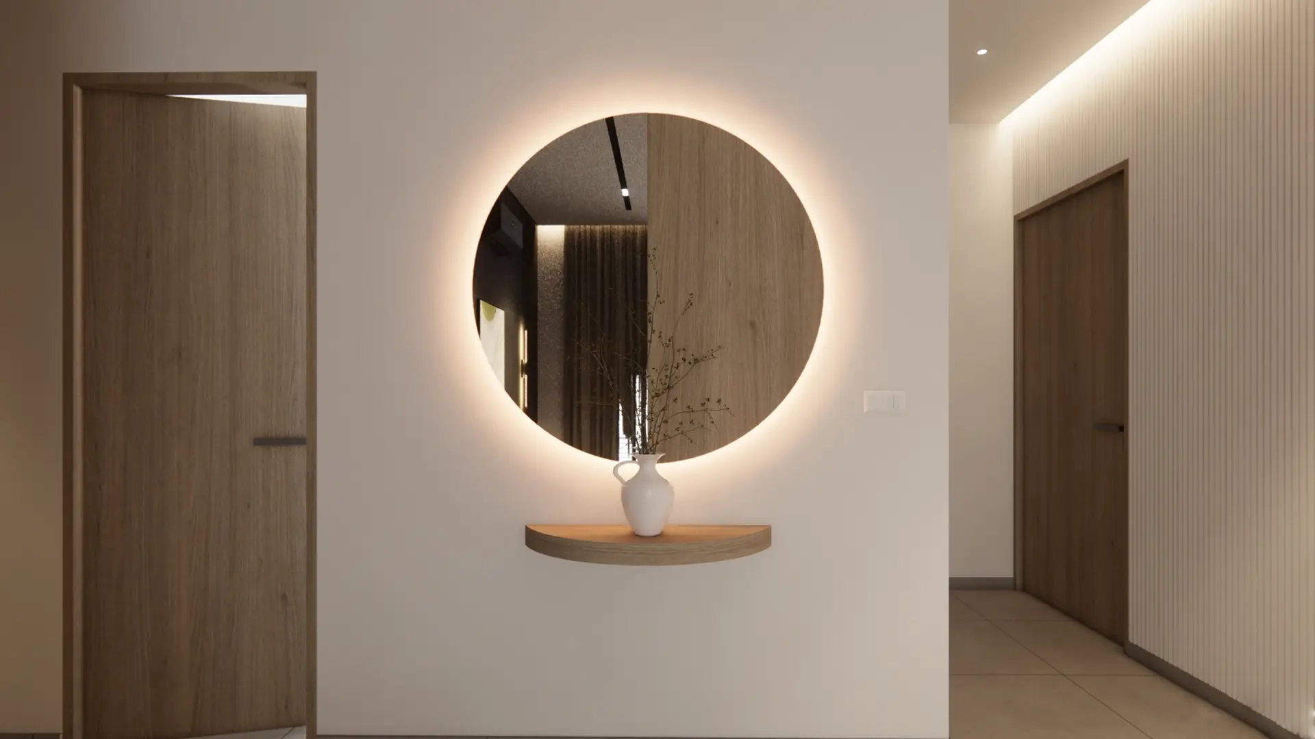 A view of a modern, elegant apartment entrance featuring a circular illuminated mirror, wooden shelf, and doors, showcasing minimalist interior design.