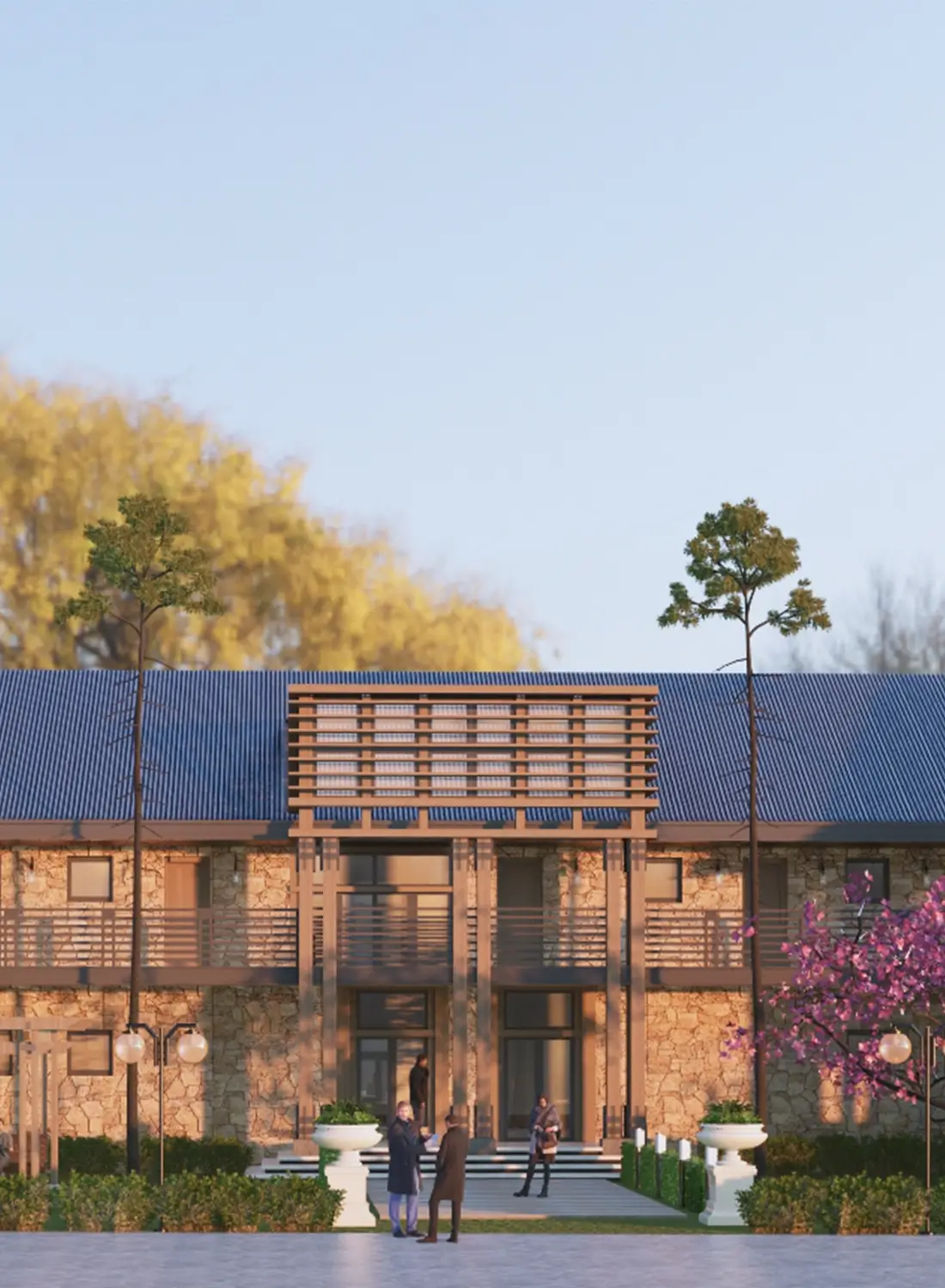Front view architectural rendering of a rustic hotel design in Kalam, Swat Valley, KPK, Pakistan, featuring natural stone walls, wooden balconies, a blue roof, and a landscaped entrance with people.