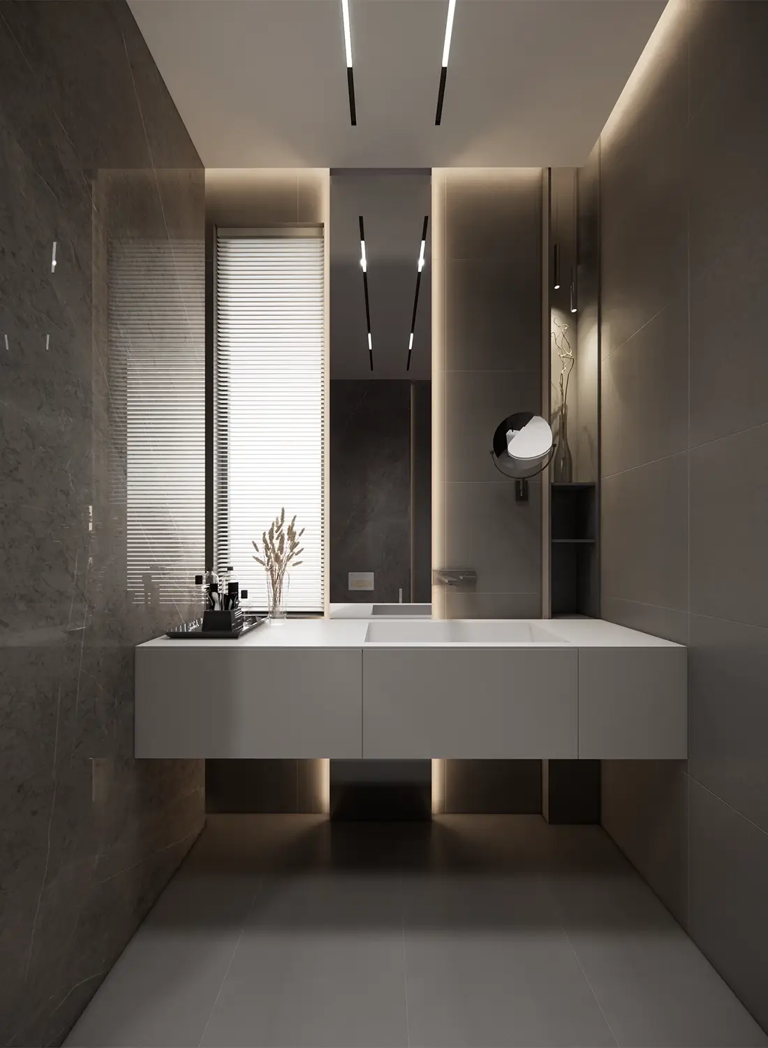 Sleek and contemporary washroom design in a kanal house in Islamabad, featuring a floating white vanity with integrated sinks, backlit mirror, and modern linear lighting. This luxury bathroom showcases thoughtful interior design with a focus on clean lines and elegant finishes.