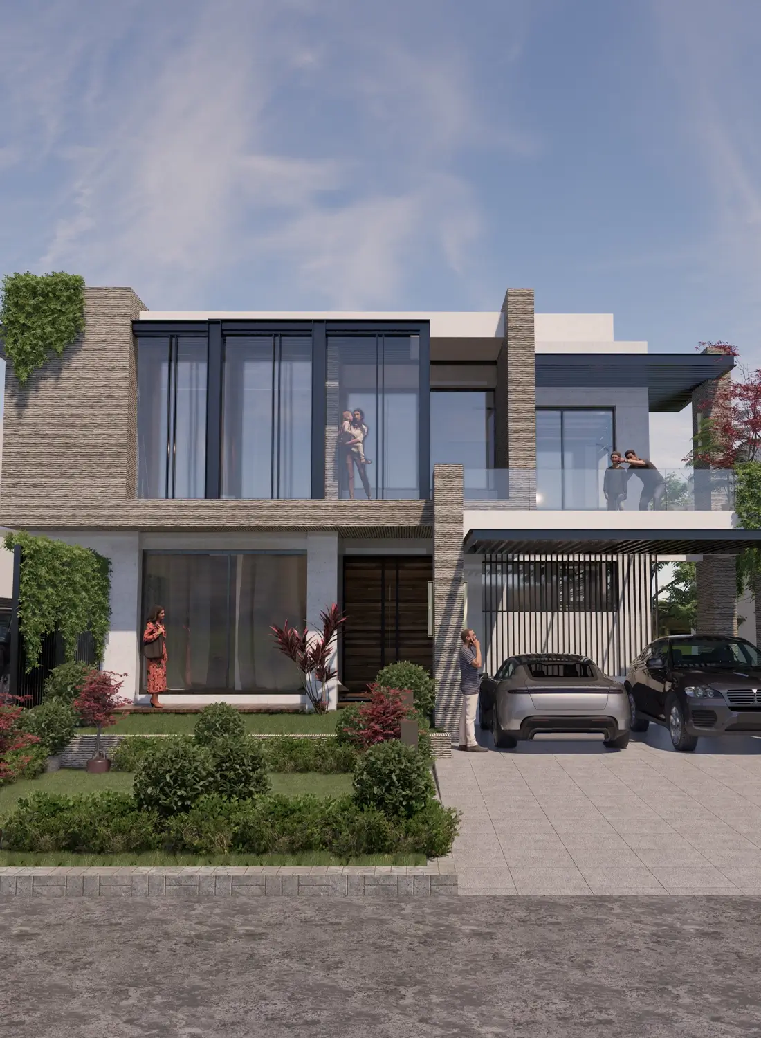 Exterior view of a modern, three-level residential property in F-11 Islamabad, showcasing a blend of natural stone and metal accents. This 1 Kanal house features a thoughtfully planned driveway and carport, reflecting the adaptive architecture design for dual occupancy and rental potential.