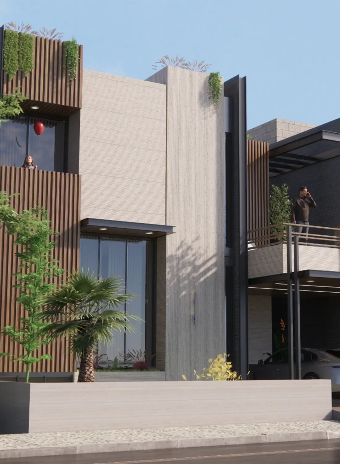 Exterior view of a modern 10 marla house for sale in B-17 Islamabad, featuring a contemporary facade with vertical wood accents, concrete panels, and a small palm tree.
