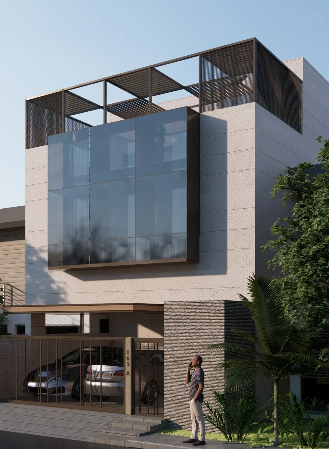 A striking view of the Primarc Studio 25x45 house design, showcasing its modern residential architecture with expansive glass windows, contrasting materials, and sleek design elements. This park-facing house exemplifies space optimization and contemporary living.