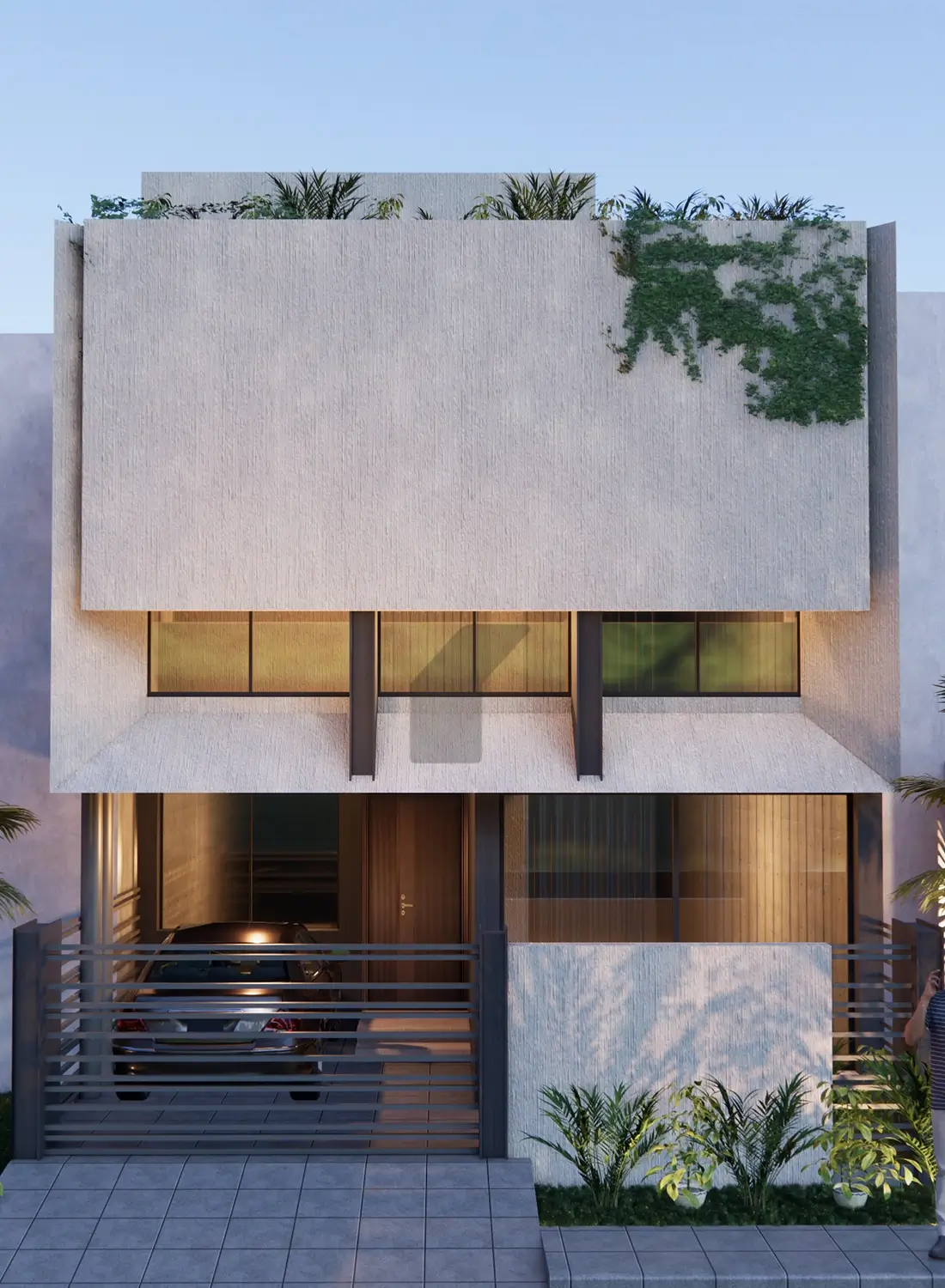 Exterior view of a contemporary two-story 5 Marla house in Faisal Margalla City, Rawalpindi, featuring a car parked in the garage.