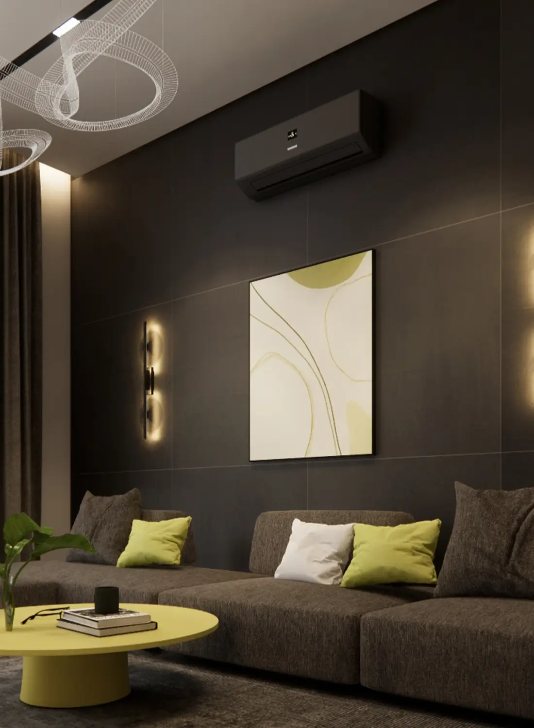 A modern apartment living area interior design in Skypark Apartments, Gulberg Greens, Islamabad. Features comfortable sofas, a yellow coffee table, contemporary artwork, and stylish lighting fixtures, showcasing residential interior design ideas in Islamabad.