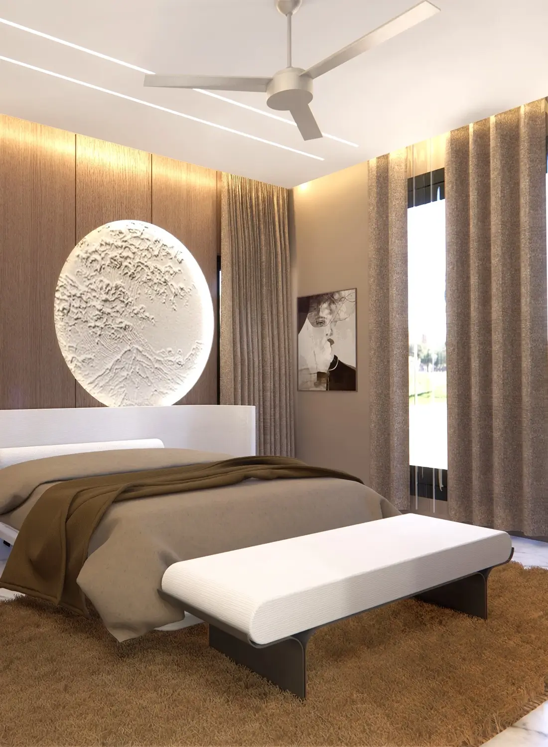 A modern minimalist bedroom interior in a DHA Phase 5 Islamabad property, featuring a large bed with a tan headboard, grey bedding, white nightstands, a circular textured wall art piece, floor-to-ceiling windows with sheer curtains, wooden wall panels, marble flooring, and a ceiling fan. This image showcases neutral interior design in a residential plot in DHA Phase 5.