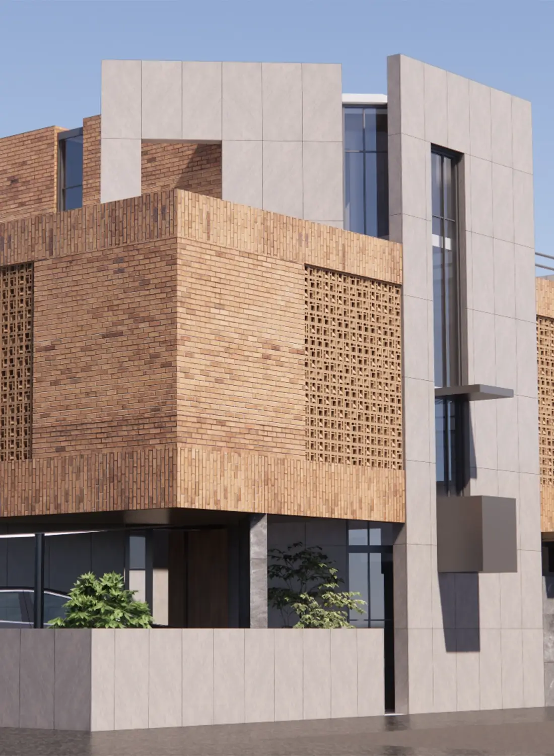 Detail of the modern residential architecture facade in Rawalpindi, showcasing concrete and brick with decorative brick jaali from a Primarc Studio project.