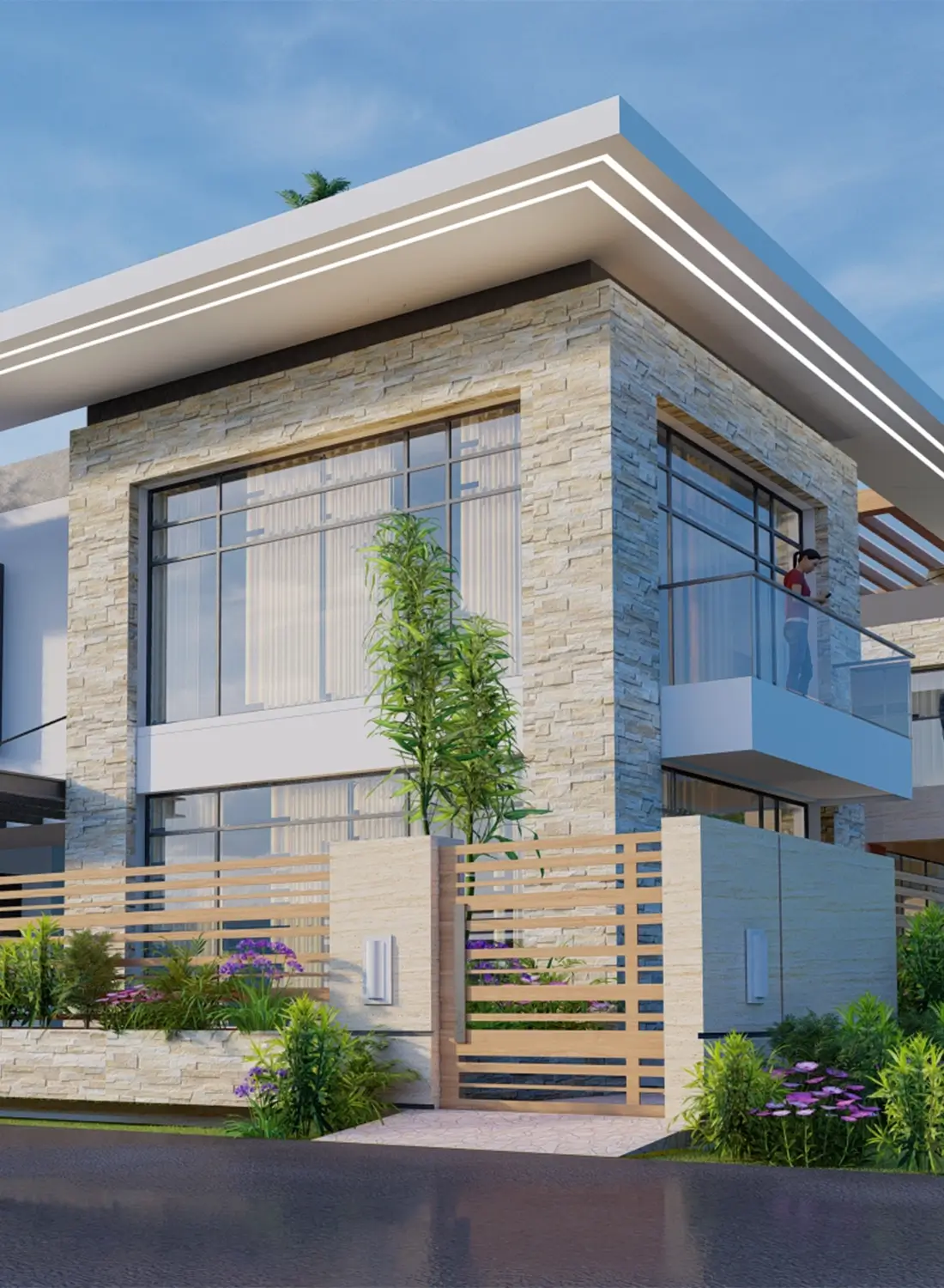 Exterior view of a 1 Kanal modern corner house design in Kanju, Swat, showcasing its appealing brick facade with clean, well-arranged geometric shapes. Large glass panels connect the indoor and outdoor spaces, allowing ample natural light into this residential architecture. The minimalist design exudes timeless beauty, fitting seamlessly with its surroundings. This corner house emphasizes thoughtful facade design as part of its overall architectural brilliance.