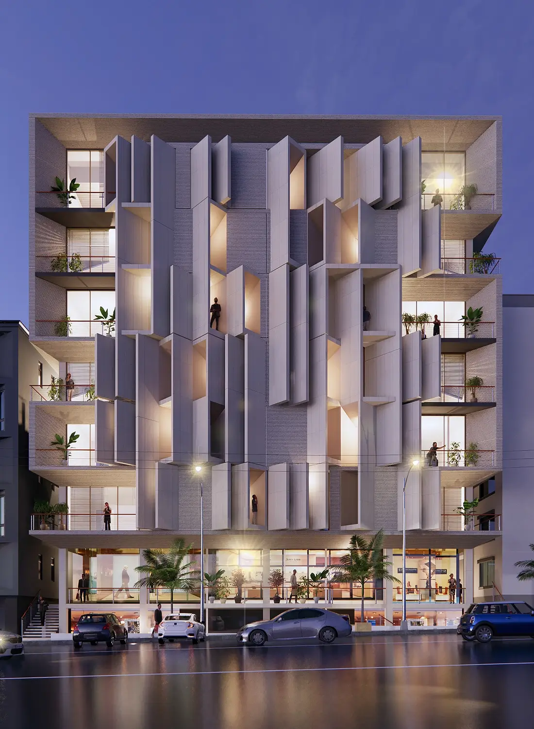 Evening view of Enigma Haus, a modern design residential building with commercial spaces in Mumtaz City, Islamabad. The unique façade design features sun-shielding elements. This RDA approved architectural gem is located a short drive from Islamabad Airport.