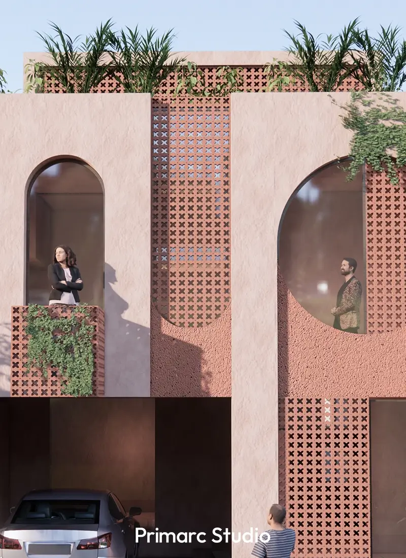 Detailed view of a modern house design highlighting arched windows, patterned brickwork, and a terracotta render finish. Shows the residential architecture's facade.