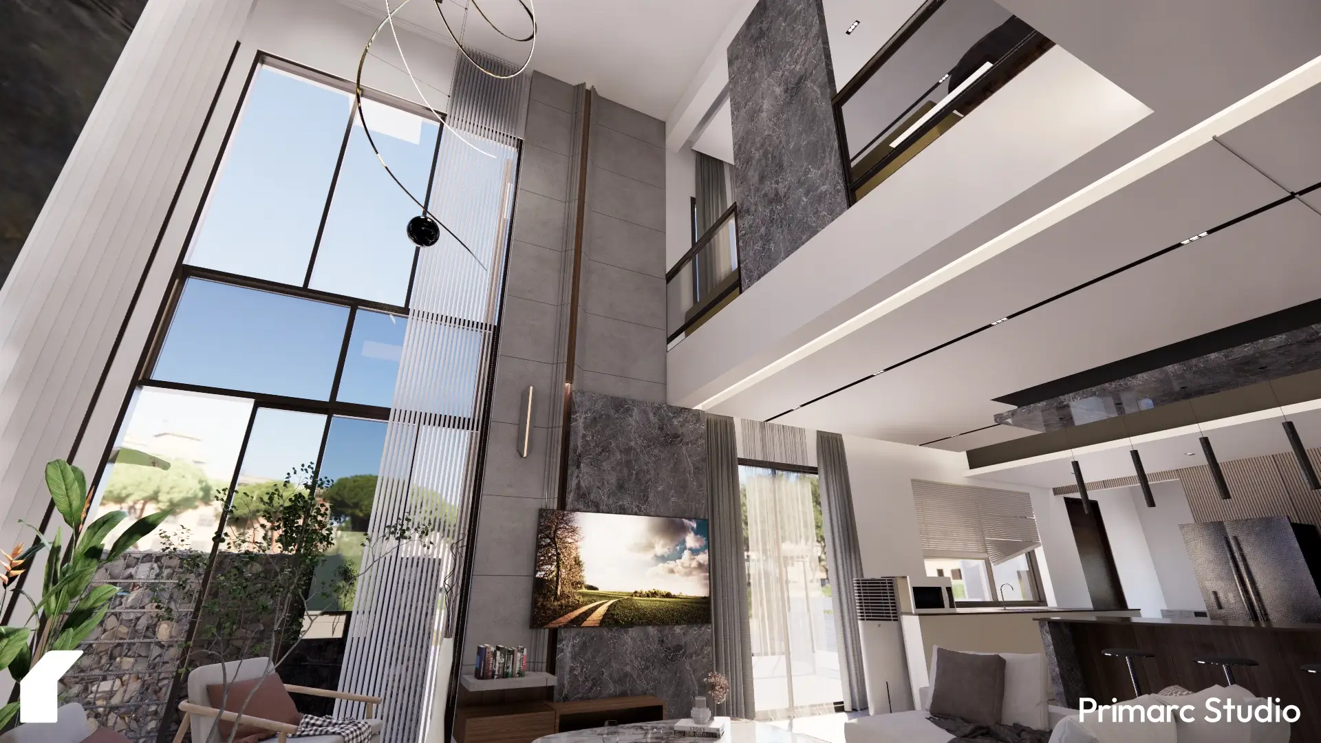 View of a stylish living room interior in a residential property in Gulberg Residencia, Islamabad. This 1 Kanal house interior design by Primarc Studio highlights the double-height space and contemporary finishes." (Incorporates: living room interior, residential property, Gulberg Residencia, Islamabad, 1 Kanal house interior design, Primarc Studio)