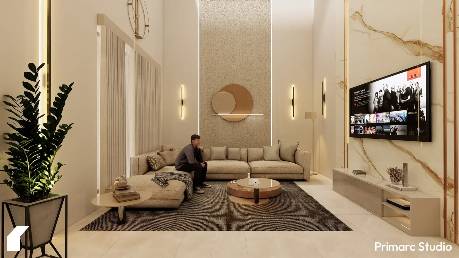 Interior view of a modern lounge area in House 886, a 5 marla house in Faisal Margalla City, Rawalpindi, featuring contemporary furniture and finishes, designed by Primarc Studio.