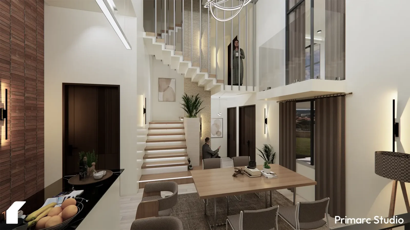 Interior view of House 921 in Islamabad, showcasing the modern residential interior design by Primarc Studio, featuring an exposed brick accent wall, a contemporary staircase, and the open-plan living and dining area, emphasizing the spaciousness. interior designer in islamabad