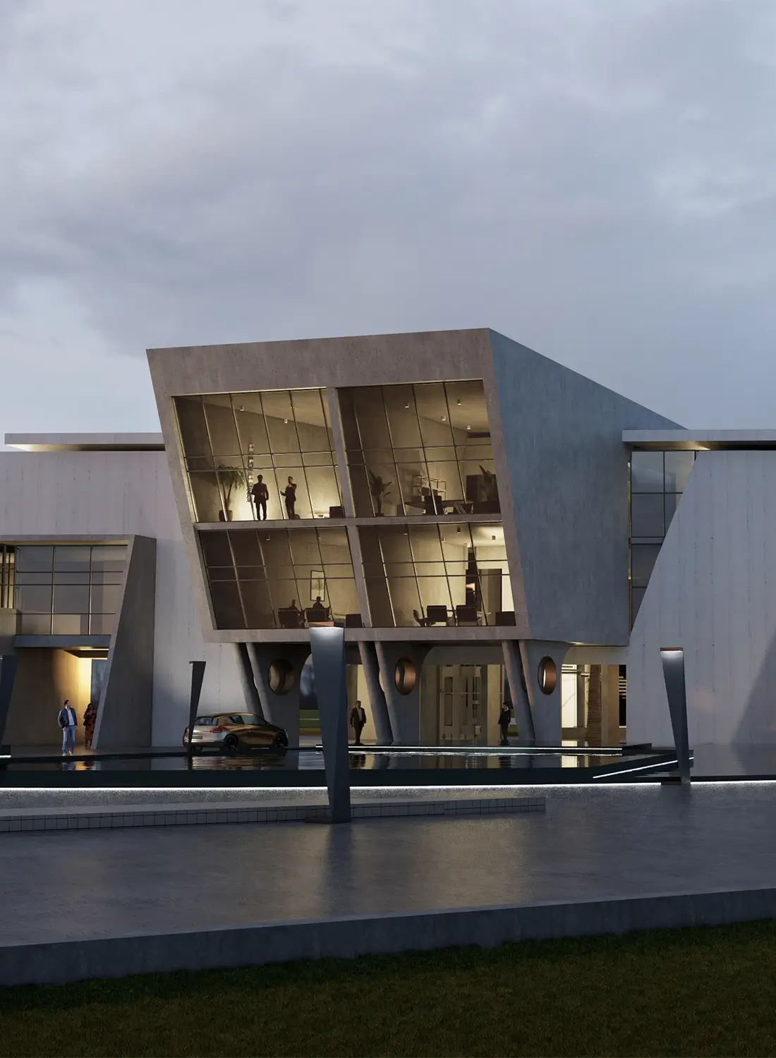 Exterior architectural rendering of the SCL Pvt Ltd commercial complex's modern office building facade. This contemporary design by Primarc Studio features prominent concrete elements, a cantilever-like structure, and expansive glass windows showcasing the interior. The image depicts the building at dusk with architectural lighting, highlighting the modern architecture. This is part of the larger master planning and complex design project for SCL Pvt Ltd in Sangjani Rawalpindi, reflecting Primarc Studio's services in Architecture and Interior Design in Islamabad Rawalpindi.