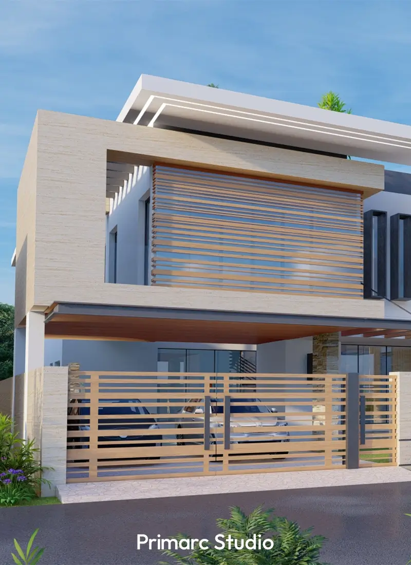 A view of the modern house design showcasing elements that prioritize natural light within a private setting. This residential architecture in Kanju, Swat, features design choices that balance openness and seclusion. The facade incorporates features that allow light to enter while maintaining privacy for the residents. This 1 Kanal corner house design exemplifies how thoughtful architectural planning can create a bright and comfortable living space.
