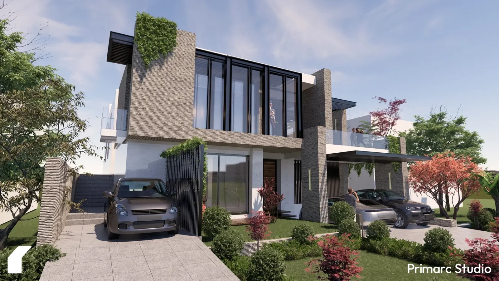 A view of the Zeeshan House in Islamabad, showcasing its modern design and use of natural stone. This 1 Kanal house exemplifies residential architecture in Islamabad, with its flexible layout and modular living spaces.